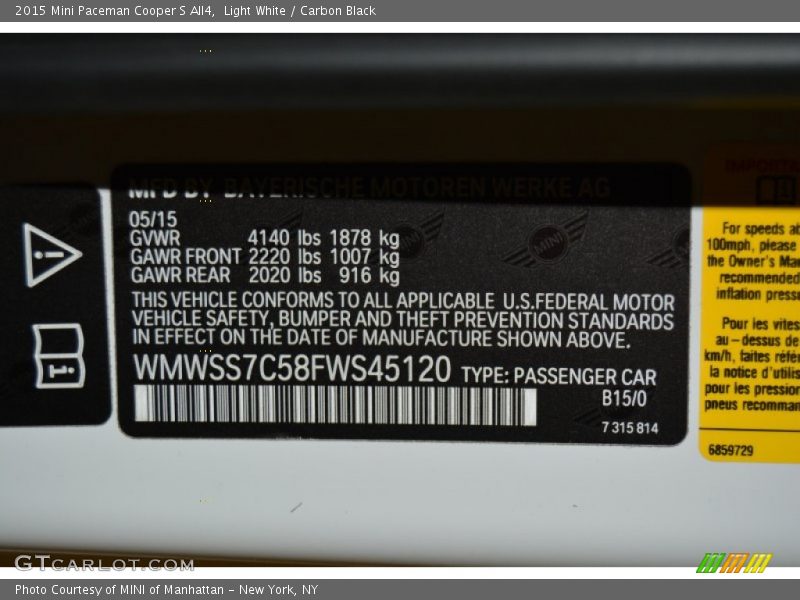 Light White / Carbon Black 2015 Mini Paceman Cooper S All4