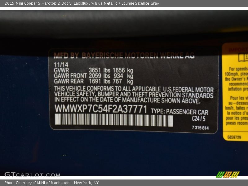 2015 Cooper S Hardtop 2 Door Lapisluxury Blue Metallic Color Code C24