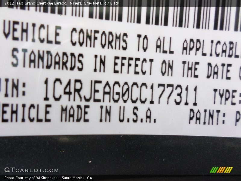 Mineral Gray Metallic / Black 2012 Jeep Grand Cherokee Laredo