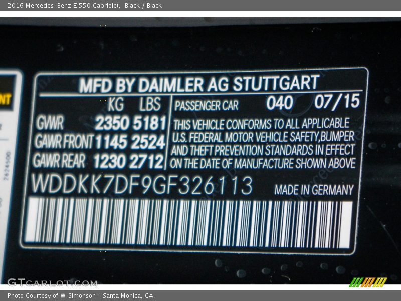 2016 E 550 Cabriolet Black Color Code 040