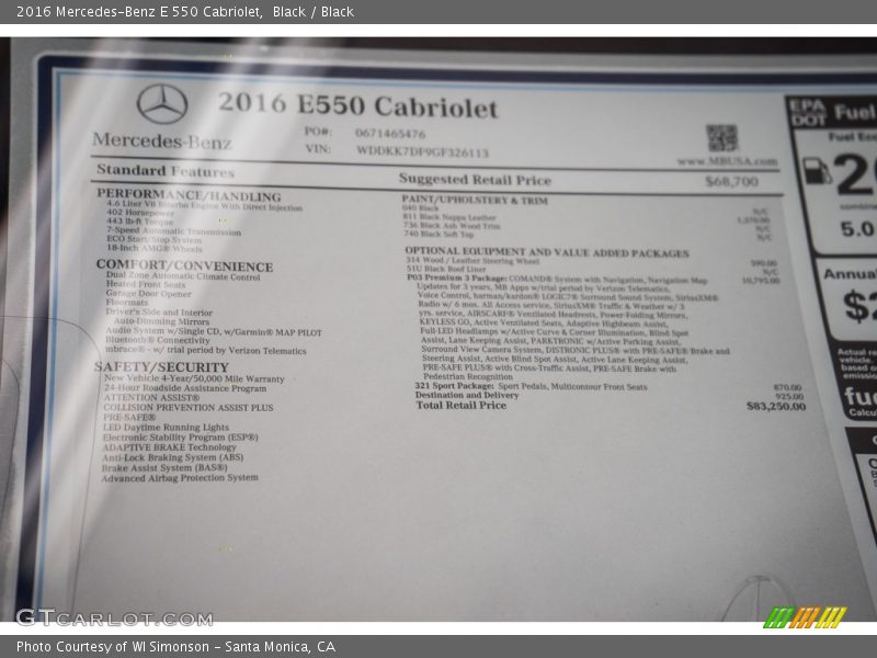  2016 E 550 Cabriolet Window Sticker