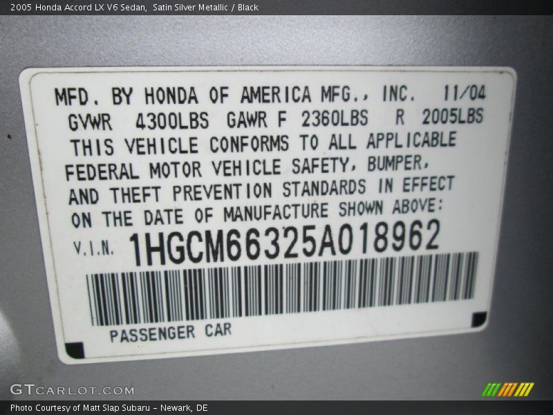 Satin Silver Metallic / Black 2005 Honda Accord LX V6 Sedan