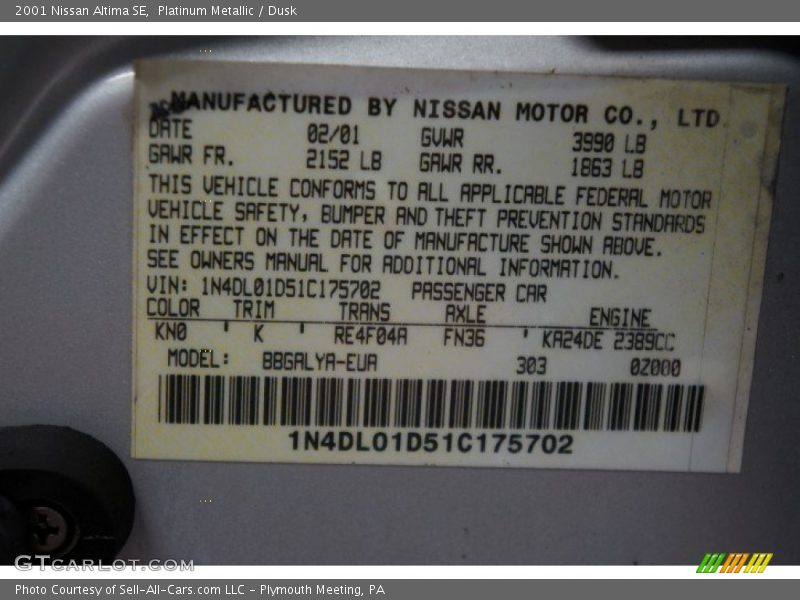 Platinum Metallic / Dusk 2001 Nissan Altima SE