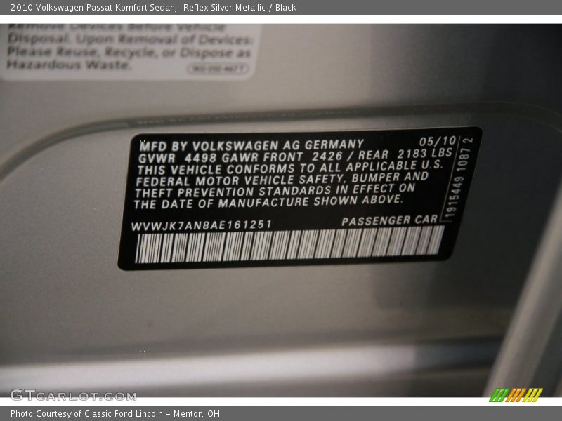 Reflex Silver Metallic / Black 2010 Volkswagen Passat Komfort Sedan
