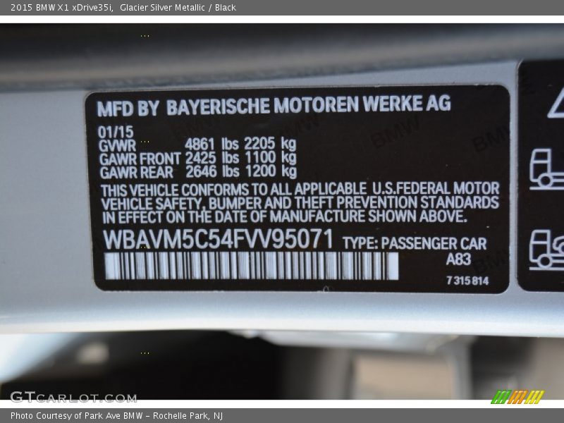 Glacier Silver Metallic / Black 2015 BMW X1 xDrive35i