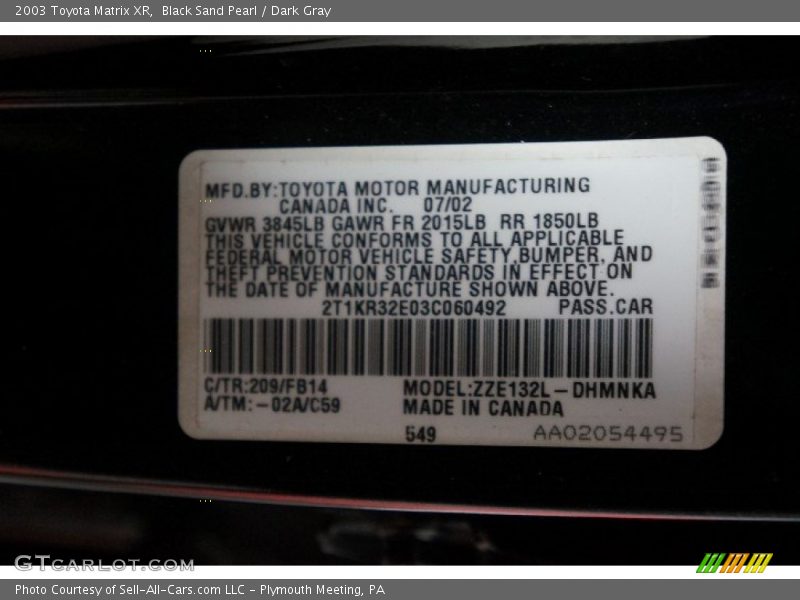 Black Sand Pearl / Dark Gray 2003 Toyota Matrix XR