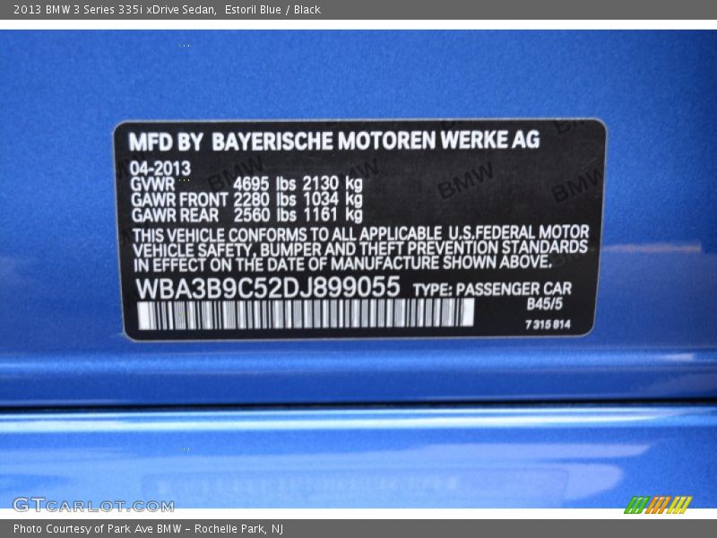 2013 3 Series 335i xDrive Sedan Estoril Blue Color Code B45