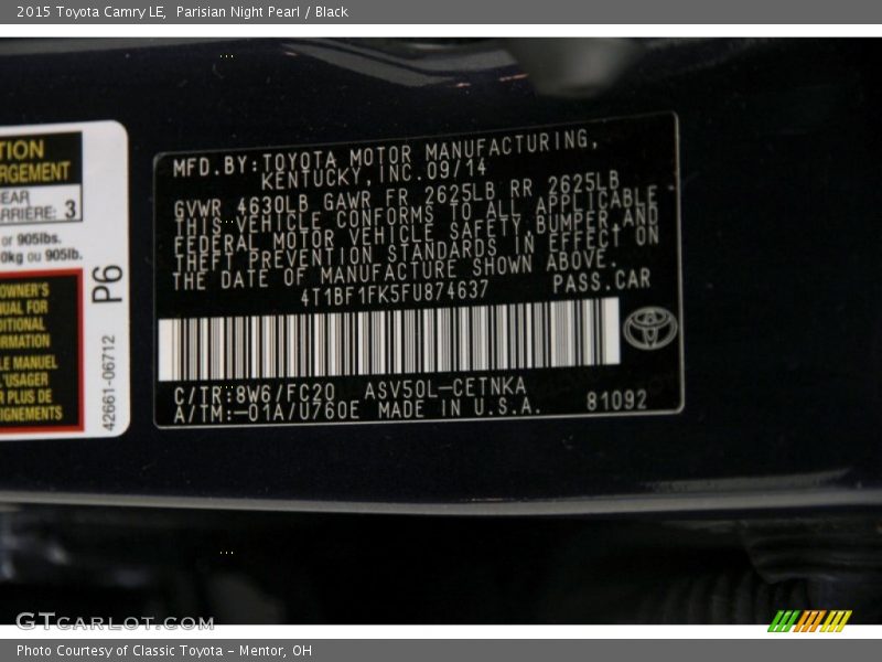 2015 Camry LE Parisian Night Pearl Color Code 8W6