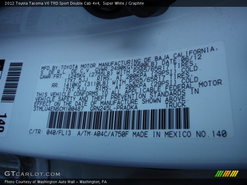 Super White / Graphite 2012 Toyota Tacoma V6 TRD Sport Double Cab 4x4