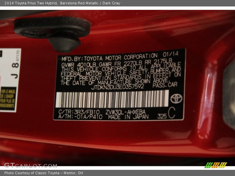 2014 Prius Two Hybrid Barcelona Red Metallic Color Code 3R3