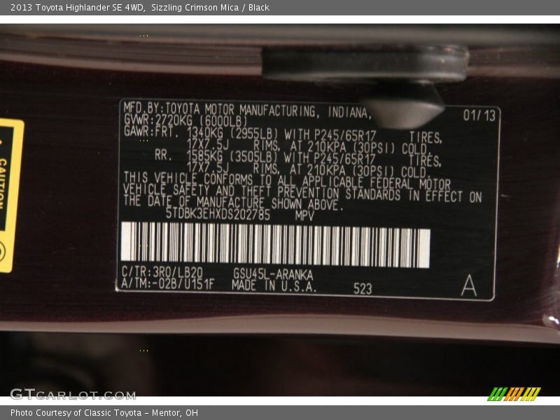 2013 Highlander SE 4WD Sizzling Crimson Mica Color Code 3R0