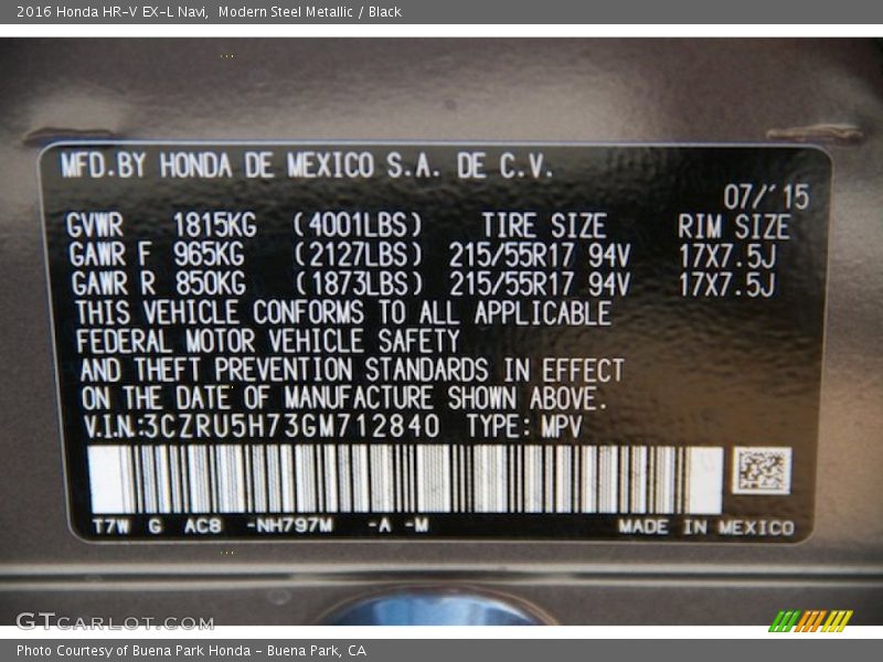 Modern Steel Metallic / Black 2016 Honda HR-V EX-L Navi