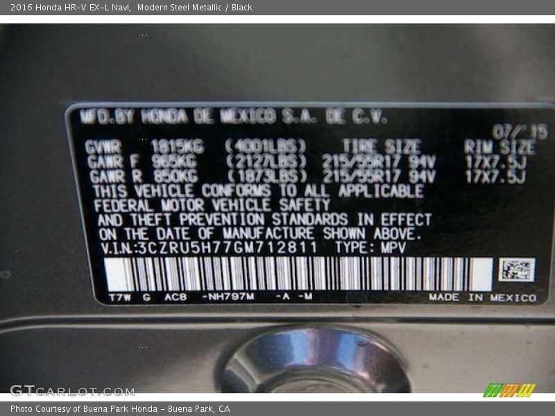 Modern Steel Metallic / Black 2016 Honda HR-V EX-L Navi