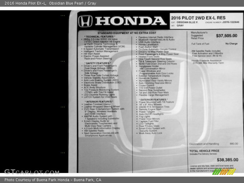 Obsidian Blue Pearl / Gray 2016 Honda Pilot EX-L