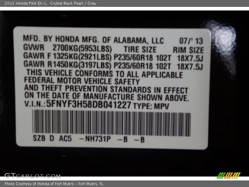 Crystal Black Pearl / Gray 2013 Honda Pilot EX-L