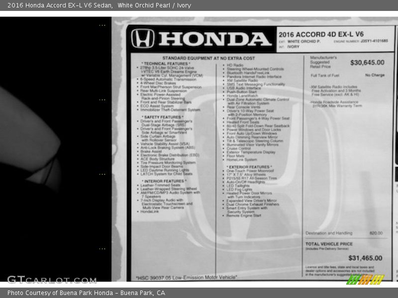  2016 Accord EX-L V6 Sedan Window Sticker