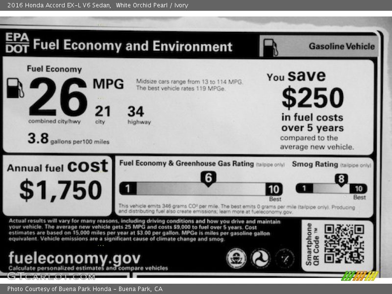 White Orchid Pearl / Ivory 2016 Honda Accord EX-L V6 Sedan