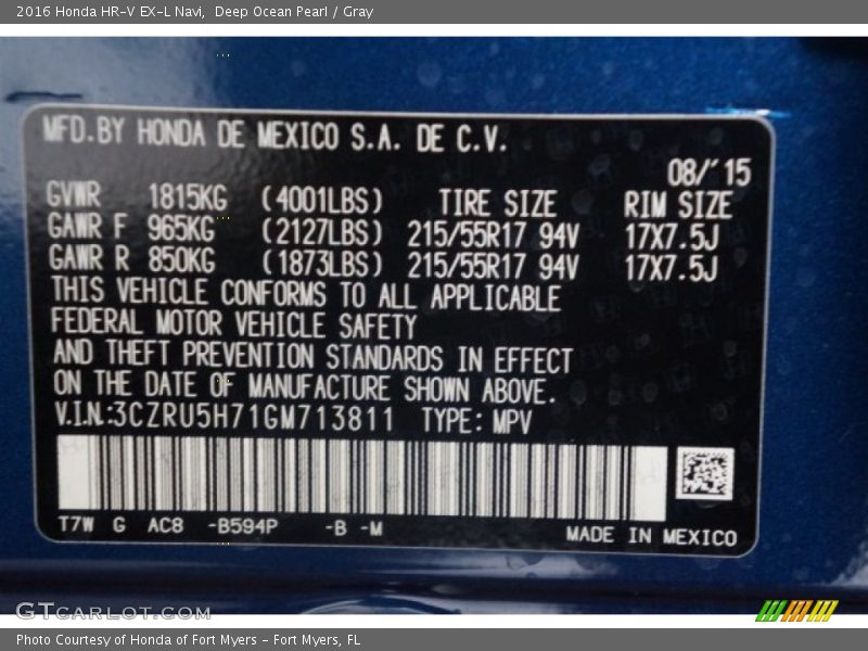 2016 HR-V EX-L Navi Deep Ocean Pearl Color Code B594P