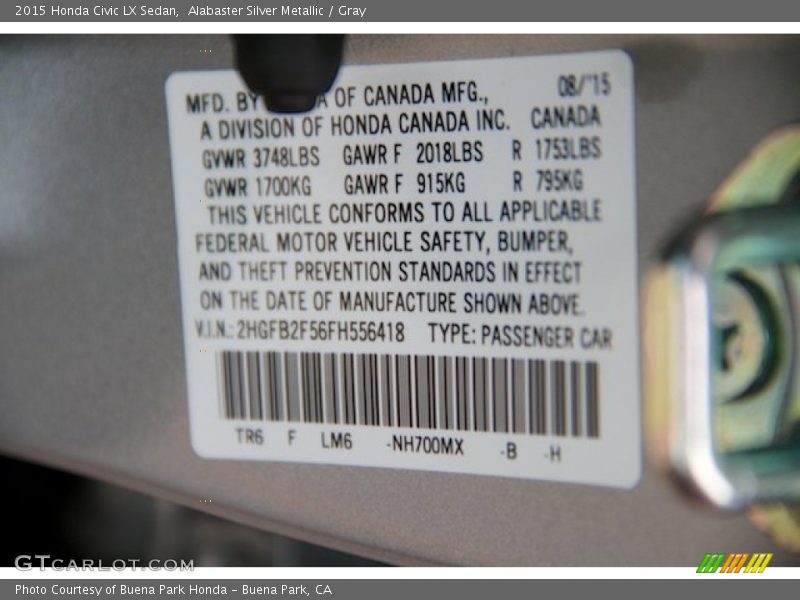 Alabaster Silver Metallic / Gray 2015 Honda Civic LX Sedan