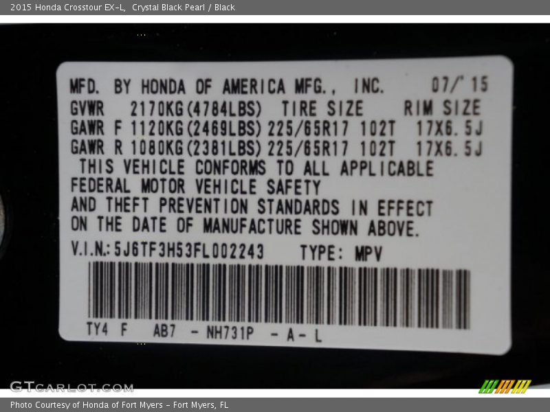 Crystal Black Pearl / Black 2015 Honda Crosstour EX-L