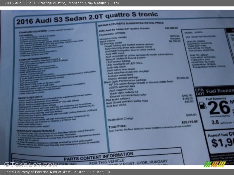 Monsoon Gray Metallic / Black 2016 Audi S3 2.0T Prestige quattro