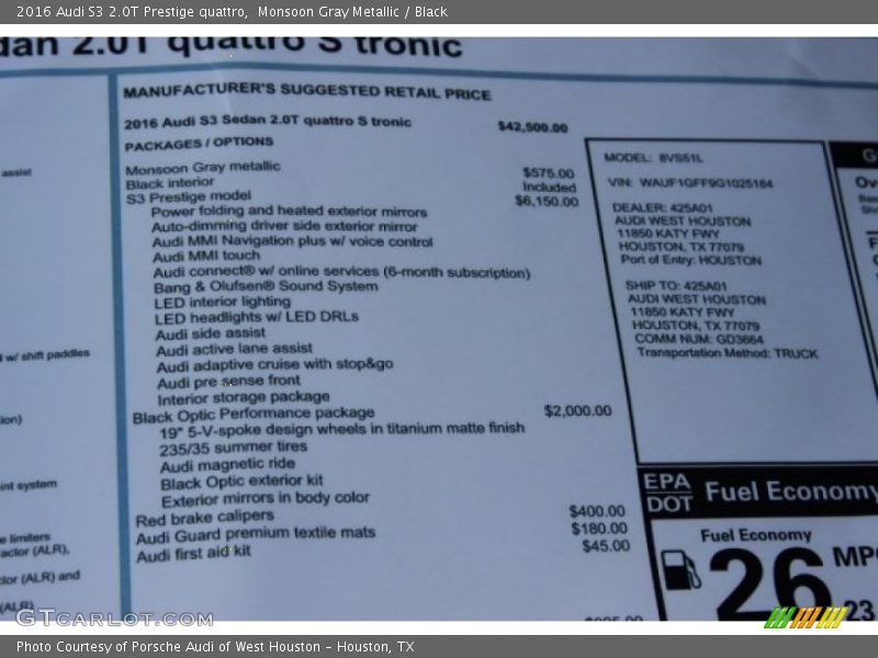 Monsoon Gray Metallic / Black 2016 Audi S3 2.0T Prestige quattro