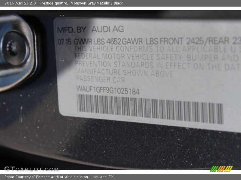 Monsoon Gray Metallic / Black 2016 Audi S3 2.0T Prestige quattro