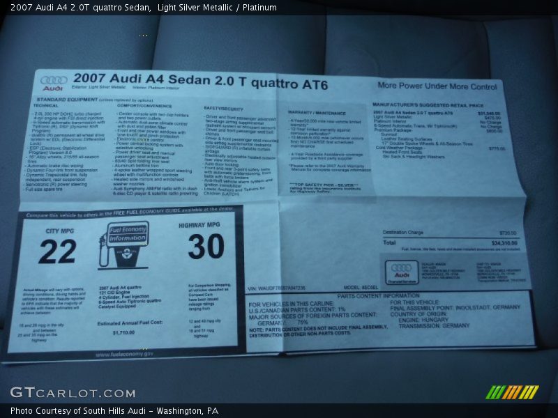 Light Silver Metallic / Platinum 2007 Audi A4 2.0T quattro Sedan