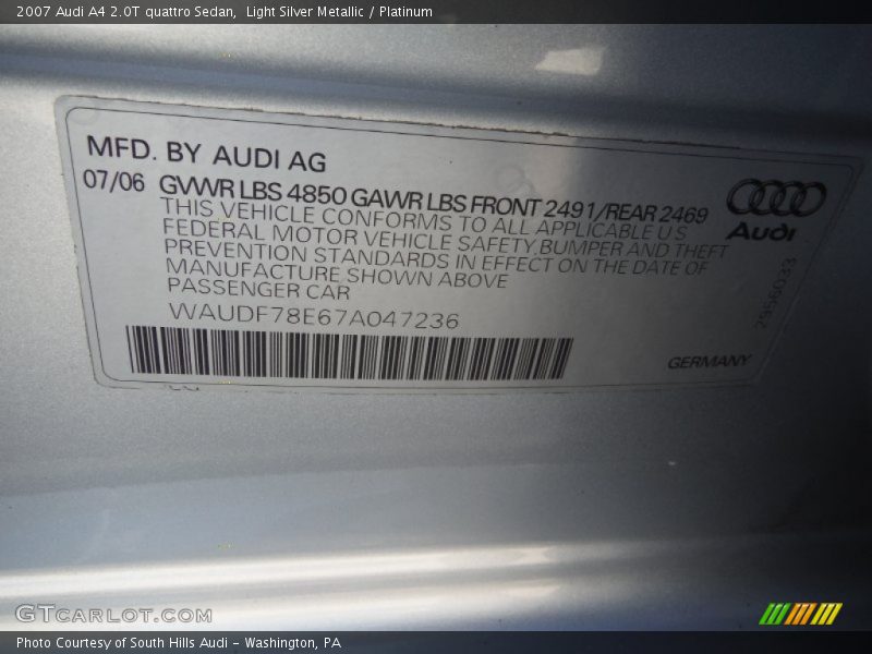 Light Silver Metallic / Platinum 2007 Audi A4 2.0T quattro Sedan