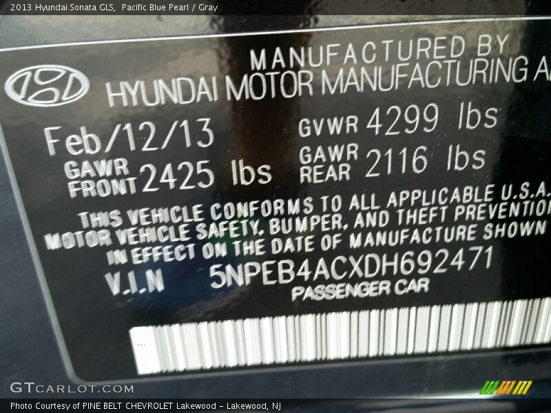 Pacific Blue Pearl / Gray 2013 Hyundai Sonata GLS