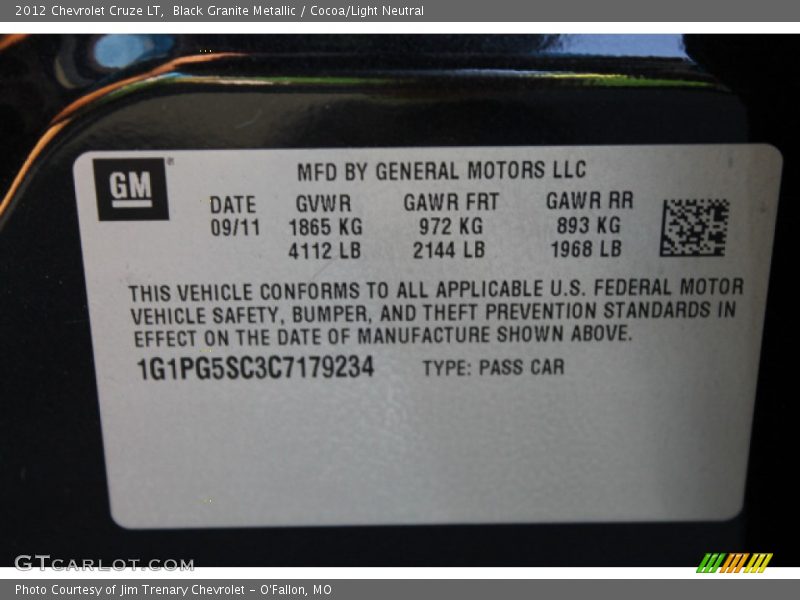 Black Granite Metallic / Cocoa/Light Neutral 2012 Chevrolet Cruze LT