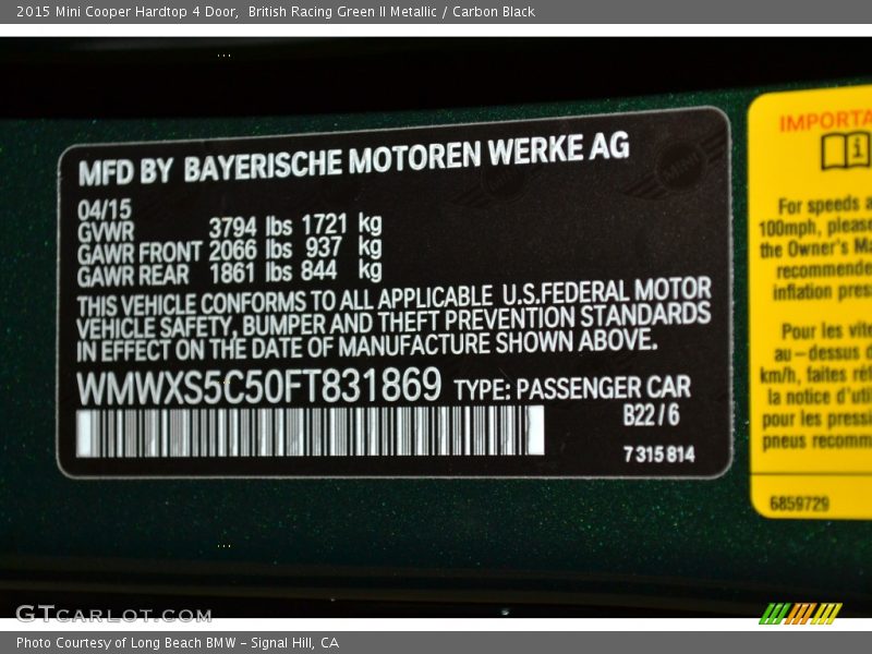 British Racing Green II Metallic / Carbon Black 2015 Mini Cooper Hardtop 4 Door