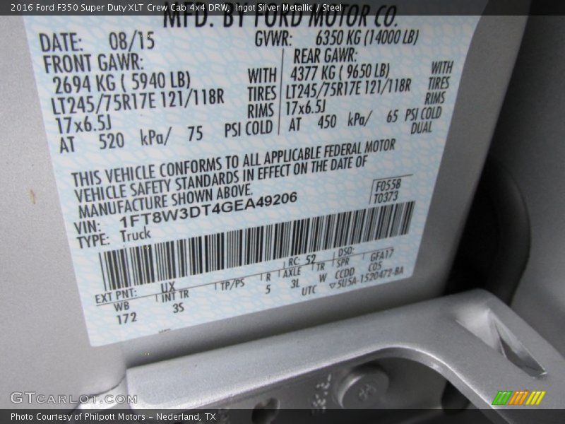 2016 F350 Super Duty XLT Crew Cab 4x4 DRW Ingot Silver Metallic Color Code UX