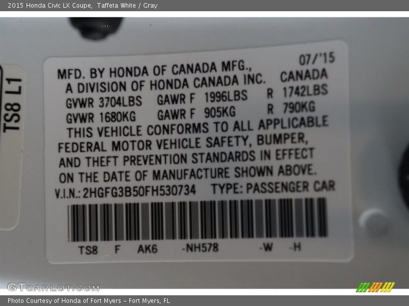 Taffeta White / Gray 2015 Honda Civic LX Coupe