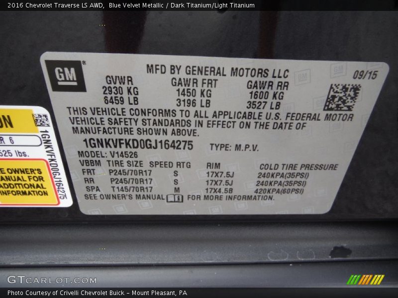 Blue Velvet Metallic / Dark Titanium/Light Titanium 2016 Chevrolet Traverse LS AWD