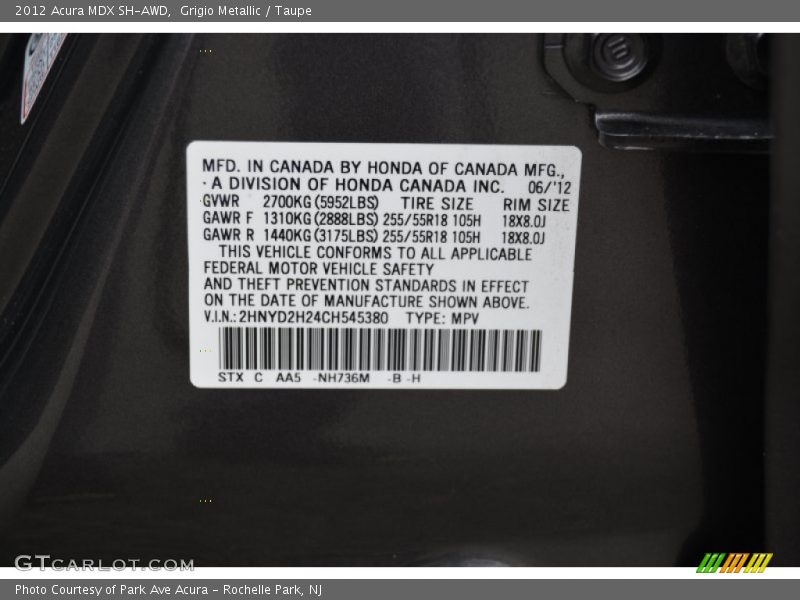 Grigio Metallic / Taupe 2012 Acura MDX SH-AWD