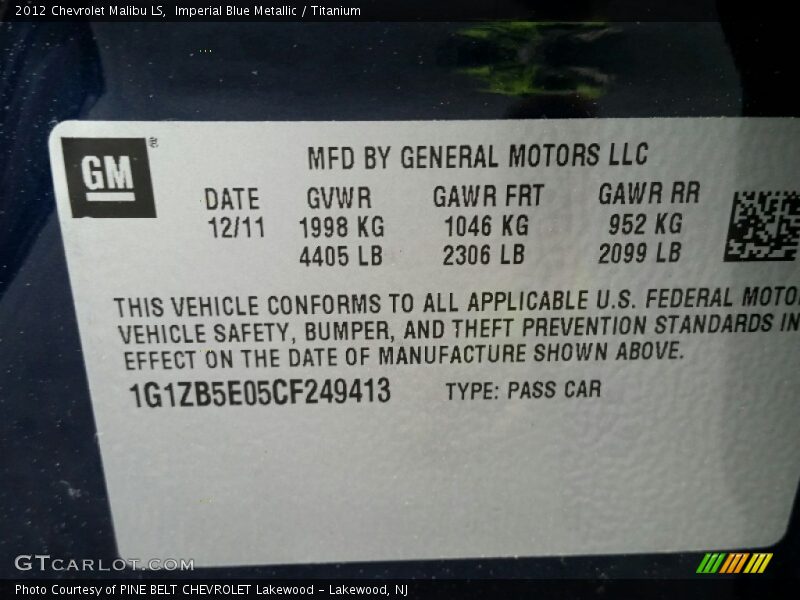 Imperial Blue Metallic / Titanium 2012 Chevrolet Malibu LS