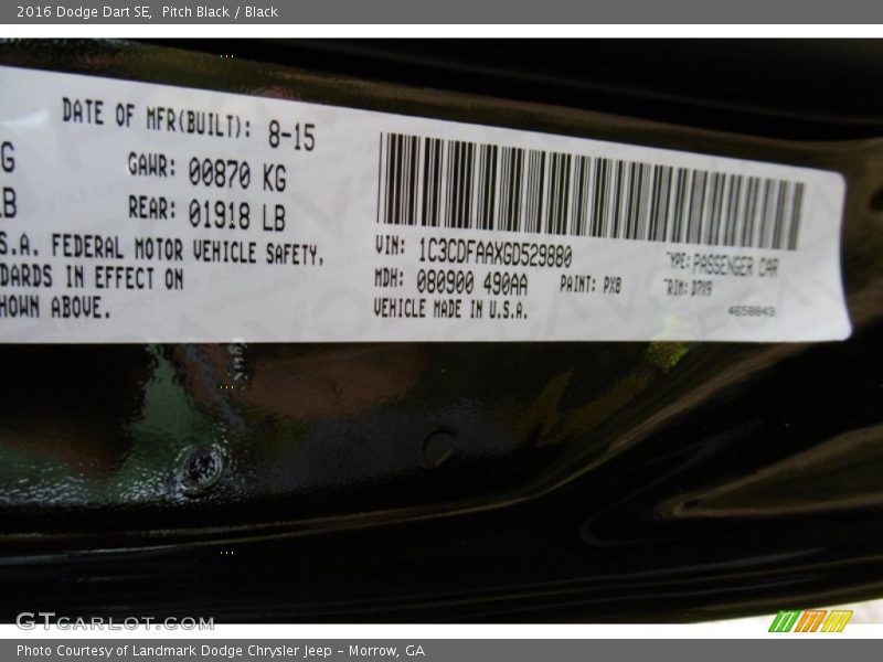 2016 Dart SE Pitch Black Color Code PX8