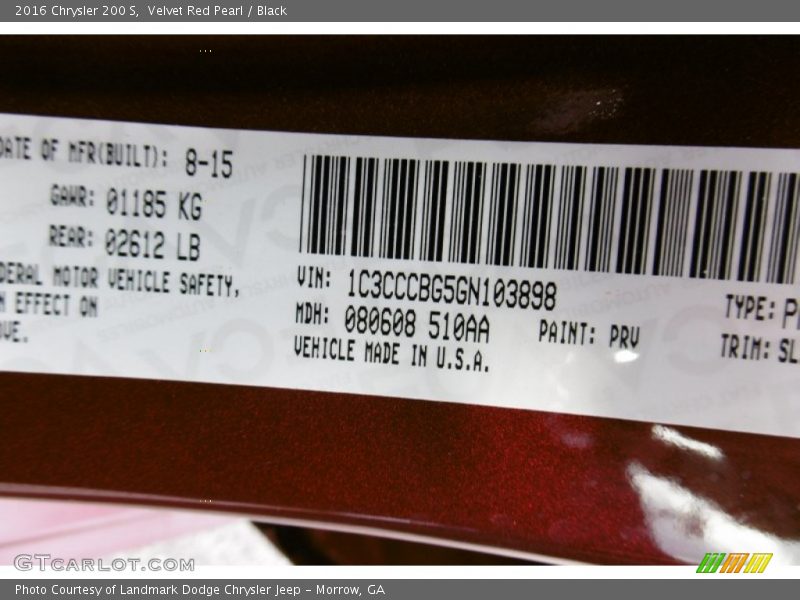 2016 200 S Velvet Red Pearl Color Code PRV