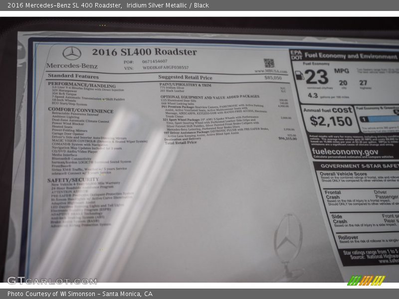  2016 SL 400 Roadster Window Sticker