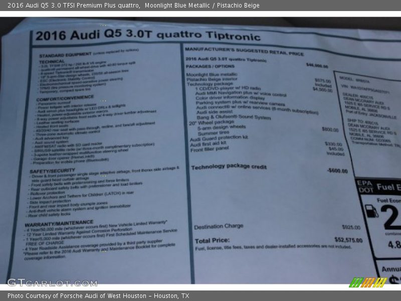 Moonlight Blue Metallic / Pistachio Beige 2016 Audi Q5 3.0 TFSI Premium Plus quattro