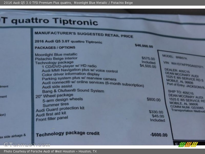 Moonlight Blue Metallic / Pistachio Beige 2016 Audi Q5 3.0 TFSI Premium Plus quattro