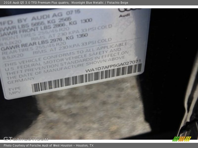 Moonlight Blue Metallic / Pistachio Beige 2016 Audi Q5 3.0 TFSI Premium Plus quattro