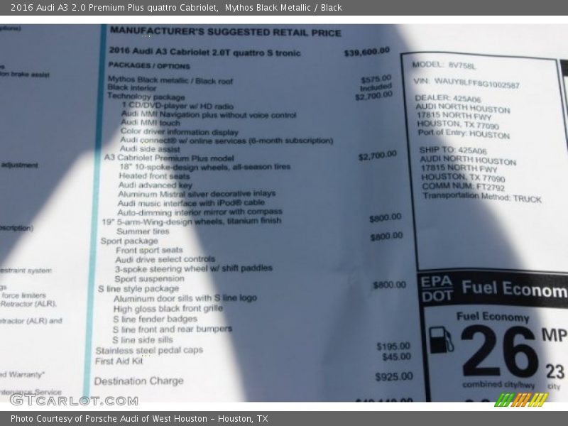  2016 A3 2.0 Premium Plus quattro Cabriolet Window Sticker