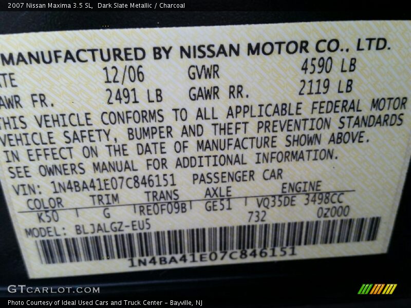 Dark Slate Metallic / Charcoal 2007 Nissan Maxima 3.5 SL