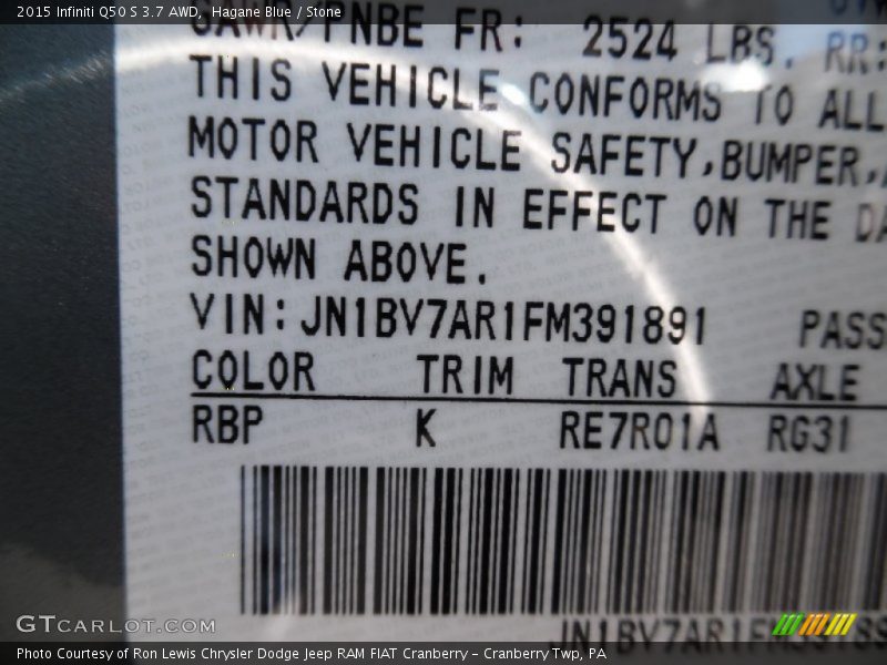 2015 Q50 S 3.7 AWD Hagane Blue Color Code RBP
