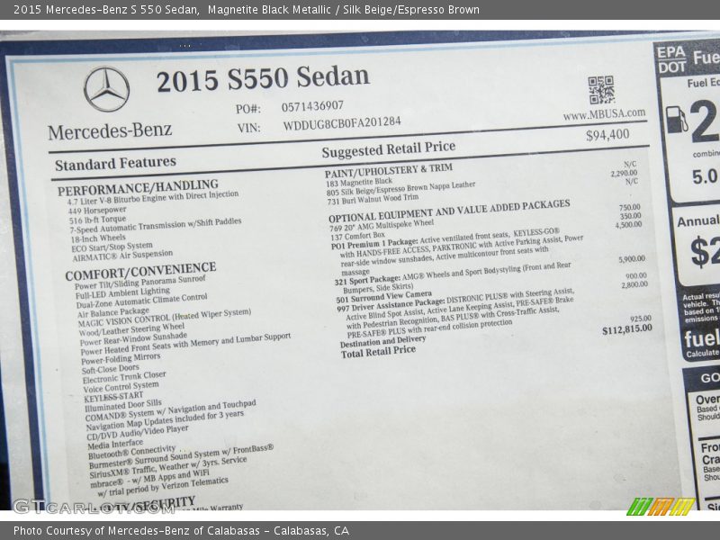  2015 S 550 Sedan Window Sticker