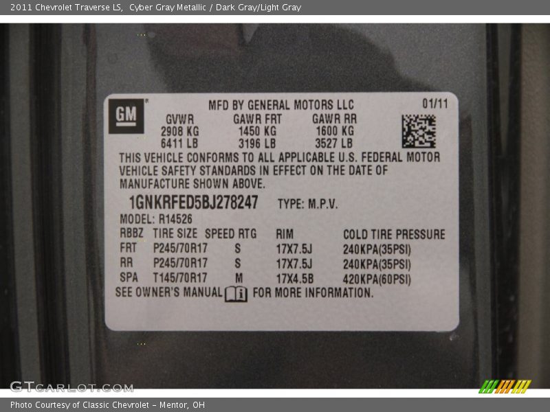 Cyber Gray Metallic / Dark Gray/Light Gray 2011 Chevrolet Traverse LS