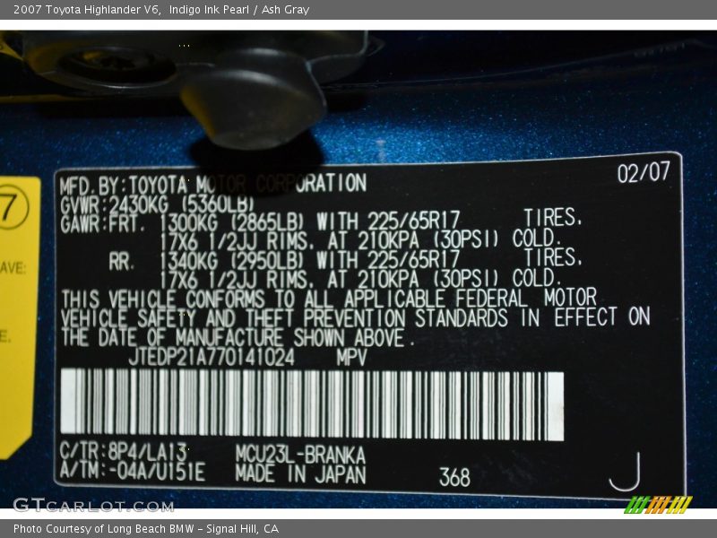 Indigo Ink Pearl / Ash Gray 2007 Toyota Highlander V6