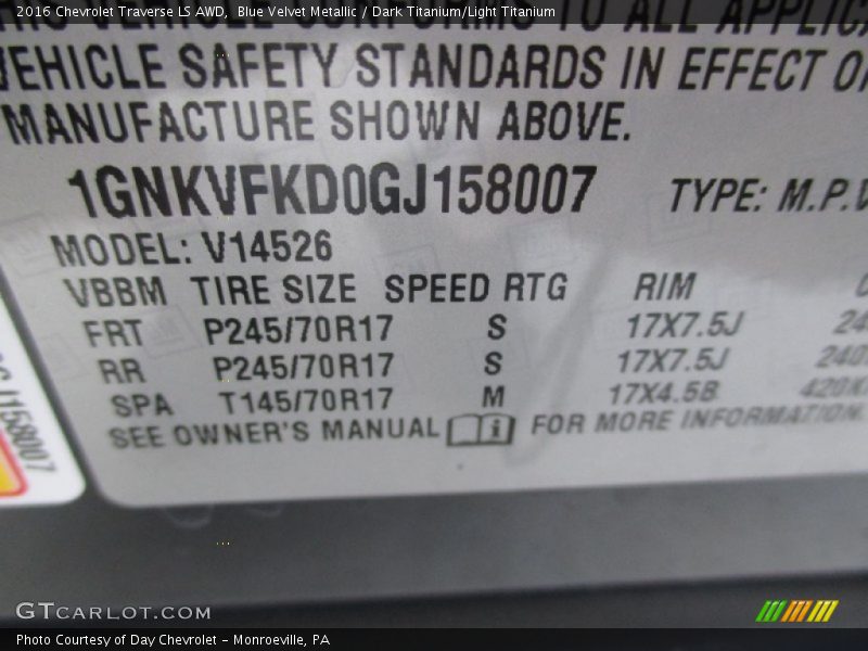 Blue Velvet Metallic / Dark Titanium/Light Titanium 2016 Chevrolet Traverse LS AWD
